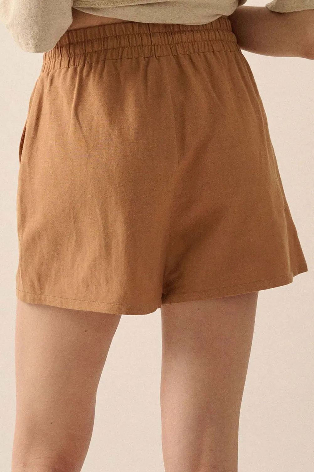 Khaki Embroidered Boho Tasseled Drawstring Elastic Waist Shorts