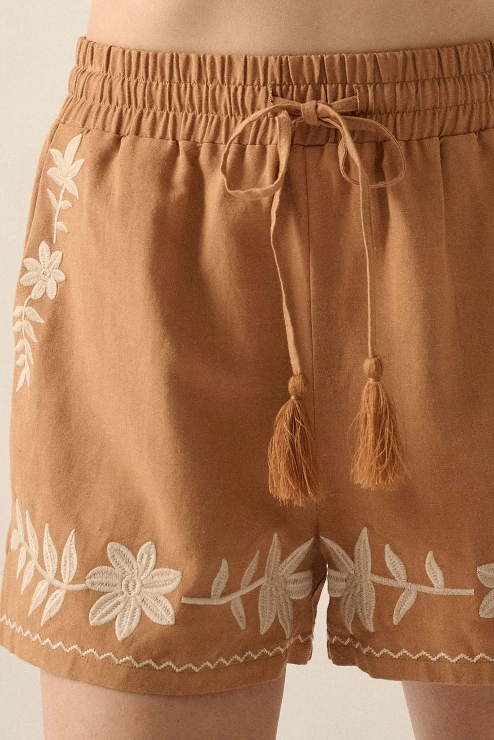 Khaki Embroidered Boho Tasseled Drawstring Elastic Waist Shorts
