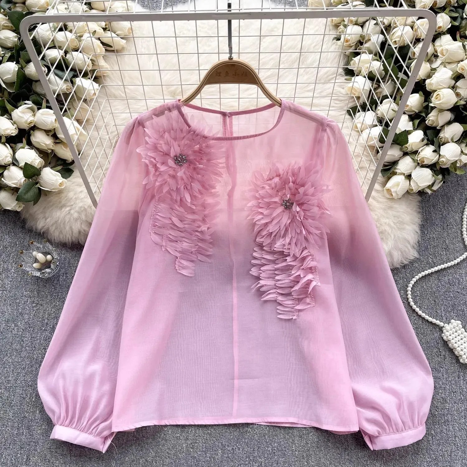 Korean fashion women's new design o-neck long sleeve 3D flowers patchwork pink color sweet blouse shirt tops