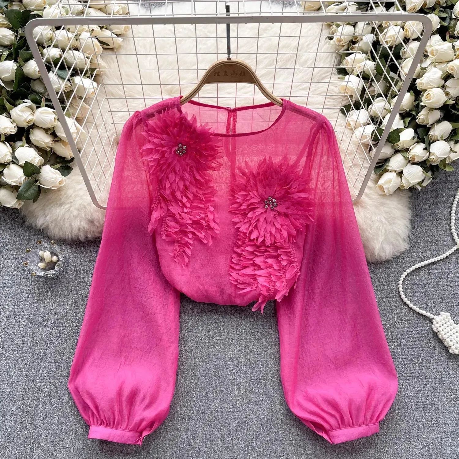Korean fashion women's new design o-neck long sleeve 3D flowers patchwork pink color sweet blouse shirt tops