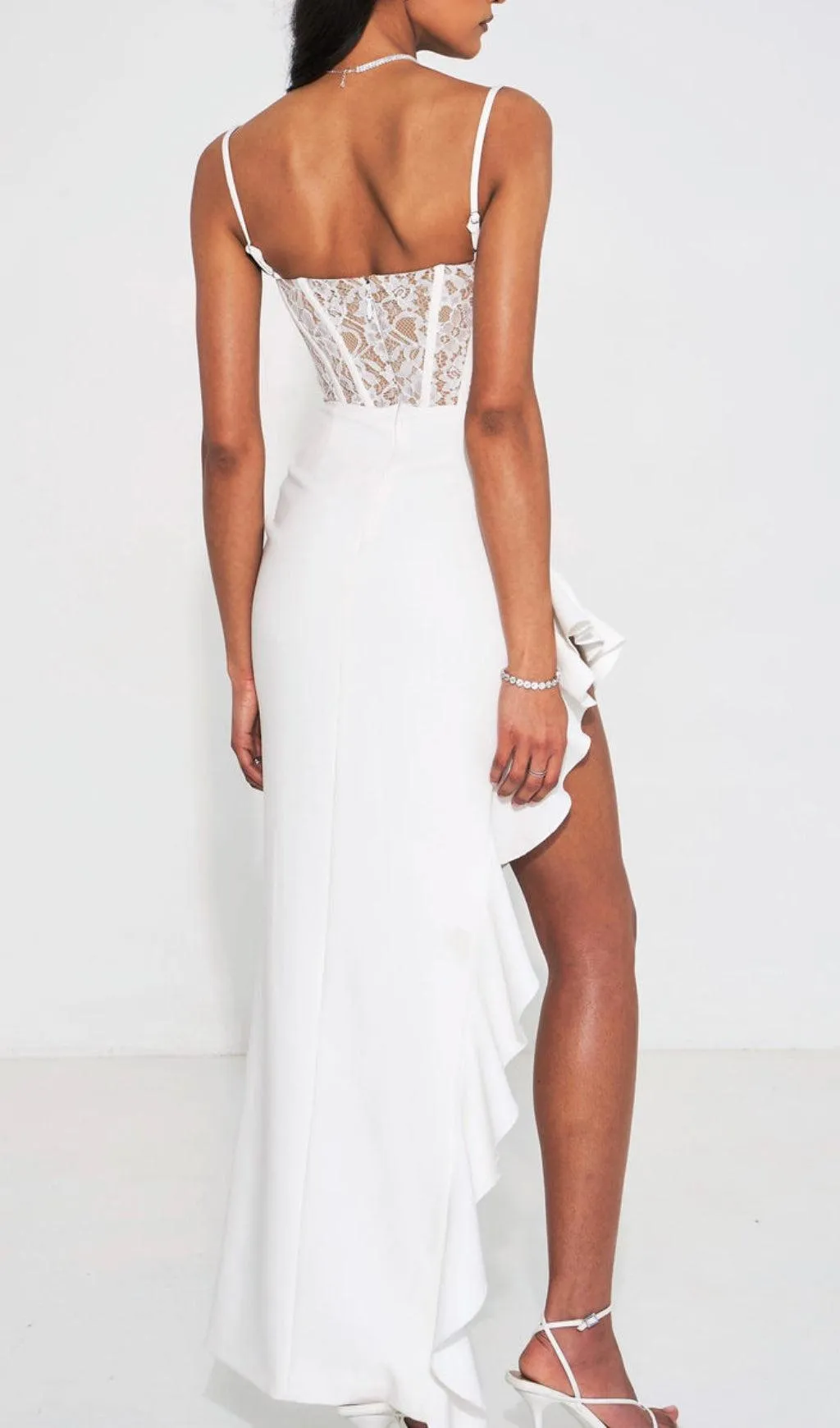 LACE ASYMMETRIC RUFFLE MIDI DRESS