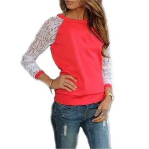 Lace Blouses Shirts Women Long Sleeve Blouse shirt Blouse Tops Solid O Neck Casual Shirts 5 Colors