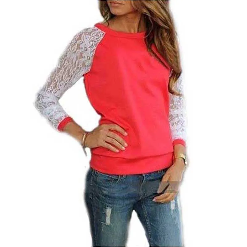 Lace Blouses Shirts Women Long Sleeve Blouse shirt Blouse Tops Solid O Neck Casual Shirts 5 Colors