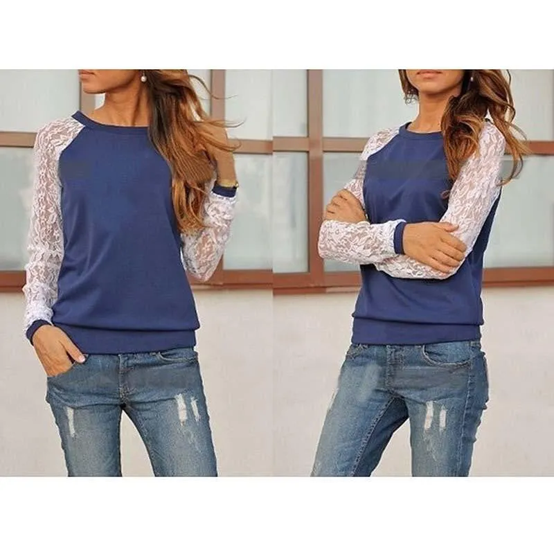 Lace Blouses Shirts Women Long Sleeve Blouse shirt Blouse Tops Solid O Neck Casual Shirts 5 Colors