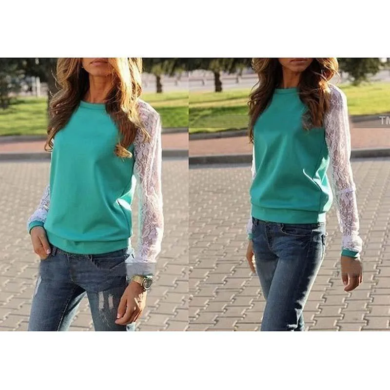 Lace Blouses Shirts Women Long Sleeve Blouse shirt Blouse Tops Solid O Neck Casual Shirts 5 Colors