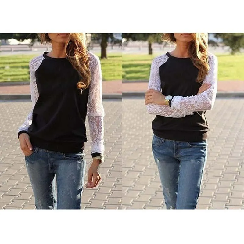 Lace Blouses Shirts Women Long Sleeve Blouse shirt Blouse Tops Solid O Neck Casual Shirts 5 Colors