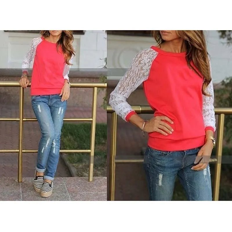 Lace Blouses Shirts Women Long Sleeve Blouse shirt Blouse Tops Solid O Neck Casual Shirts 5 Colors
