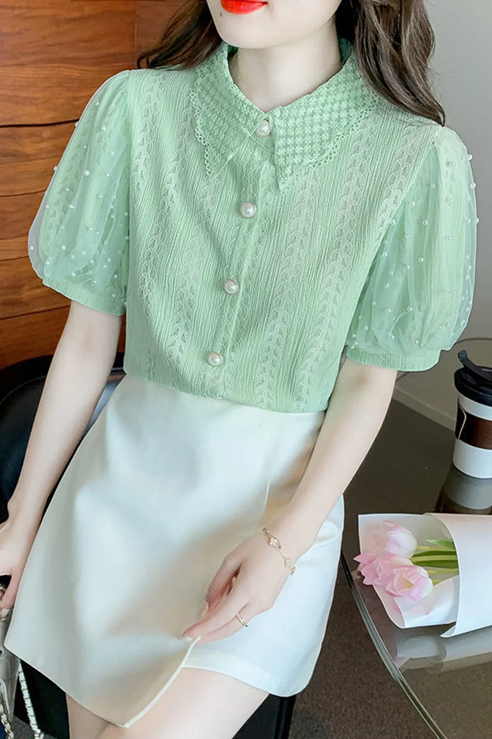 Lace Puff Sleeve Lapel Collar Blouse Shirts