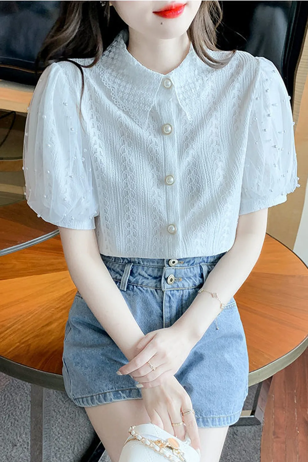 Lace Puff Sleeve Lapel Collar Blouse Shirts