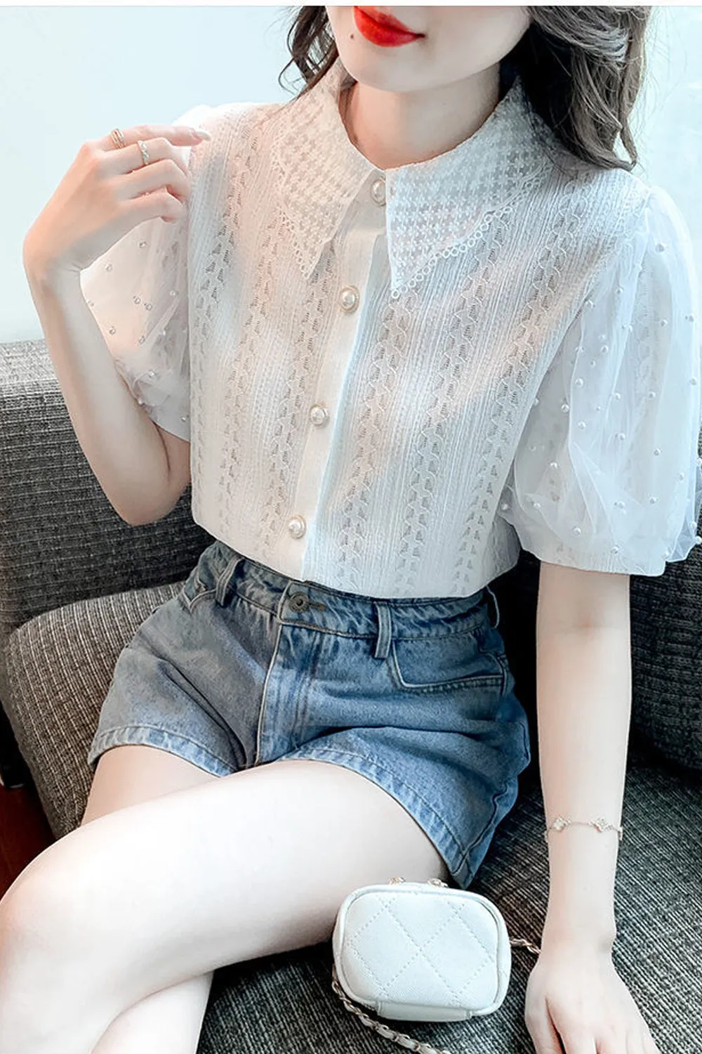Lace Puff Sleeve Lapel Collar Blouse Shirts