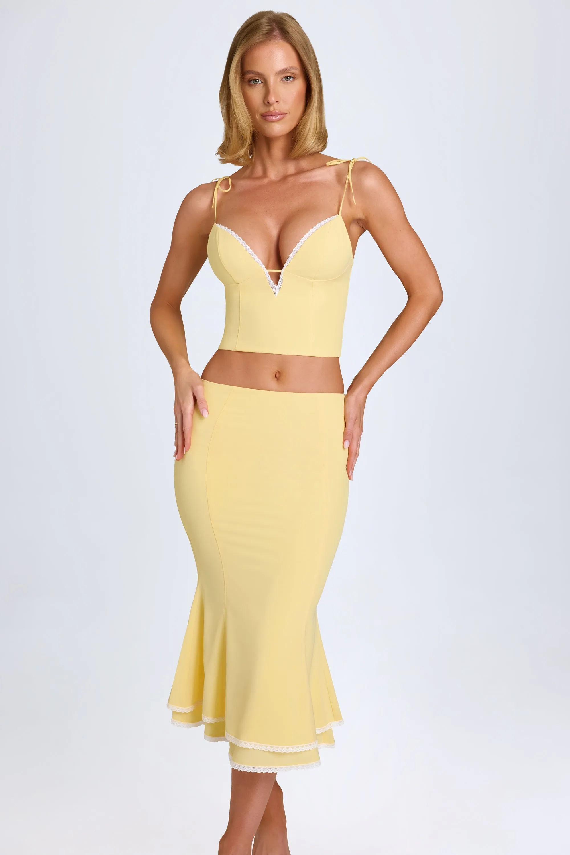 Lace-Trim Mid-Rise Midaxi Skirt in Pastel Yellow