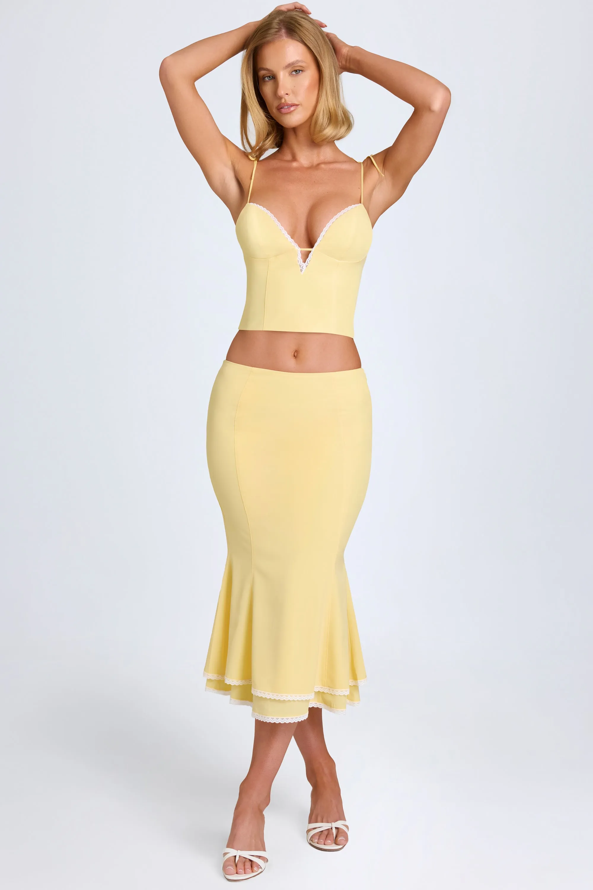 Lace-Trim Mid-Rise Midaxi Skirt in Pastel Yellow