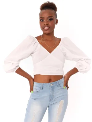 Ladies Crossover Front Puff Sleeve Blouse - White