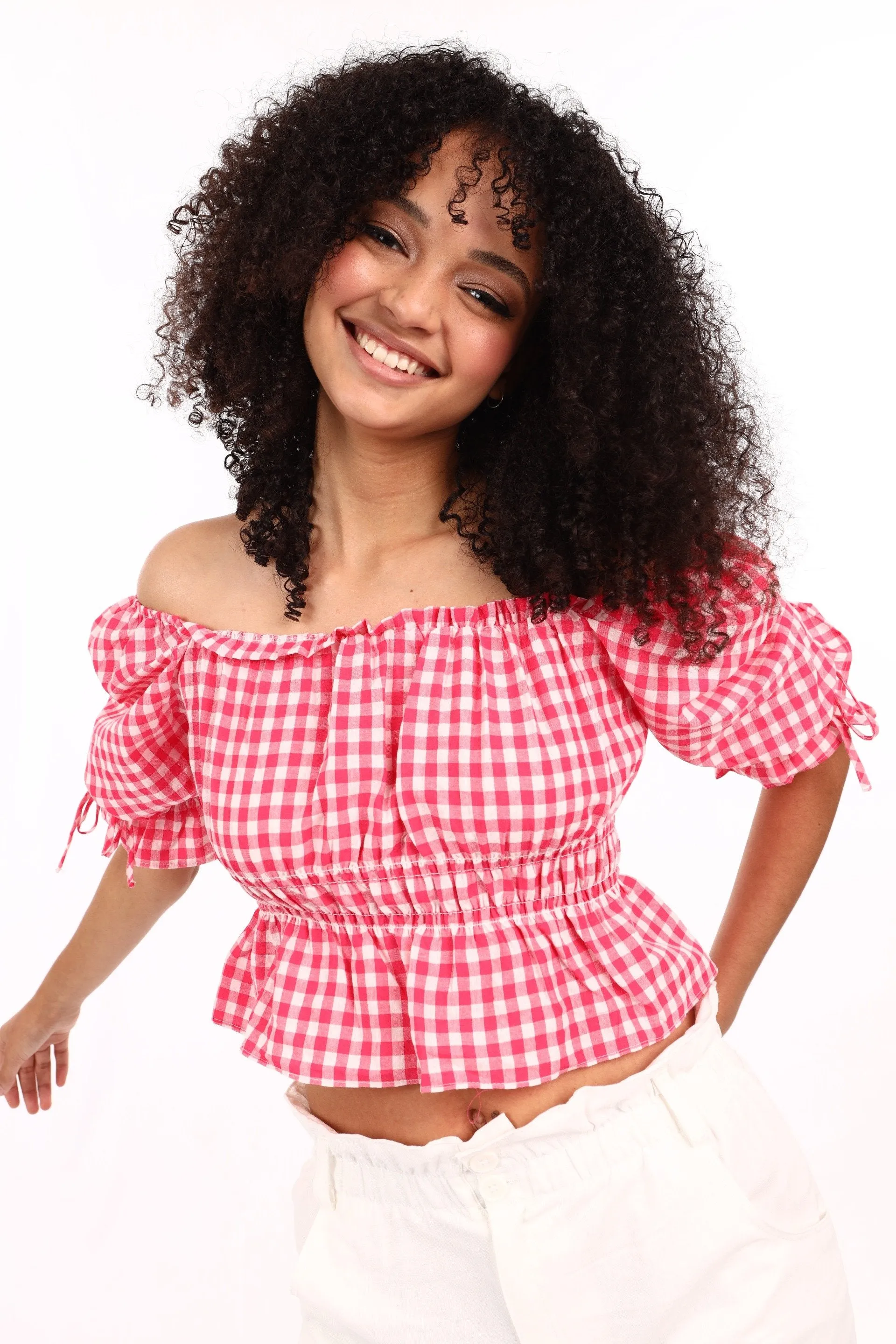 Ladies Gingham Blouse With Puff Sleeve - Pink