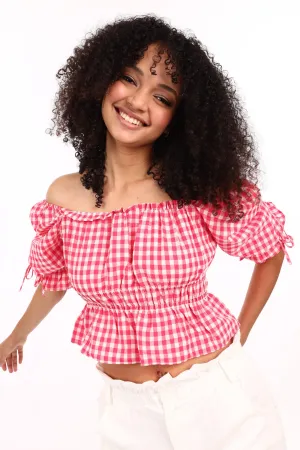 Ladies Gingham Blouse With Puff Sleeve - Pink