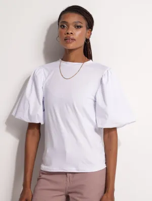 Ladies Poplin Puff Short Sleeve Top - White