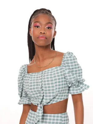 Ladies Puff Sleeve Gingham Top - Teal