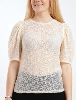 Ladies Short Sleeve Gathered Puff Lace Top - White