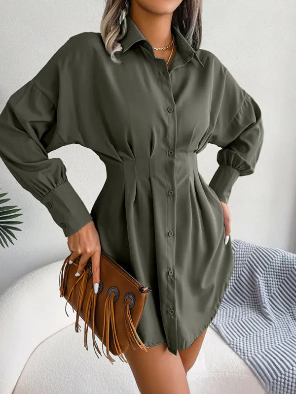 Lantern Sleeve Shirt Dress with Asymmetric Hem and Cinched Waist