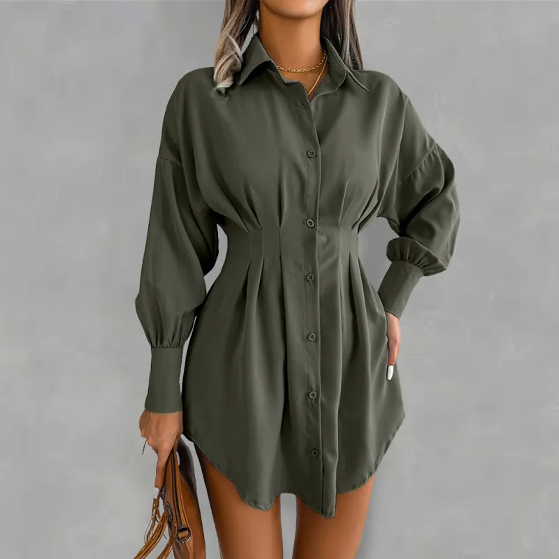 Lantern Sleeve Shirt Dress with Asymmetric Hem and Cinched Waist
