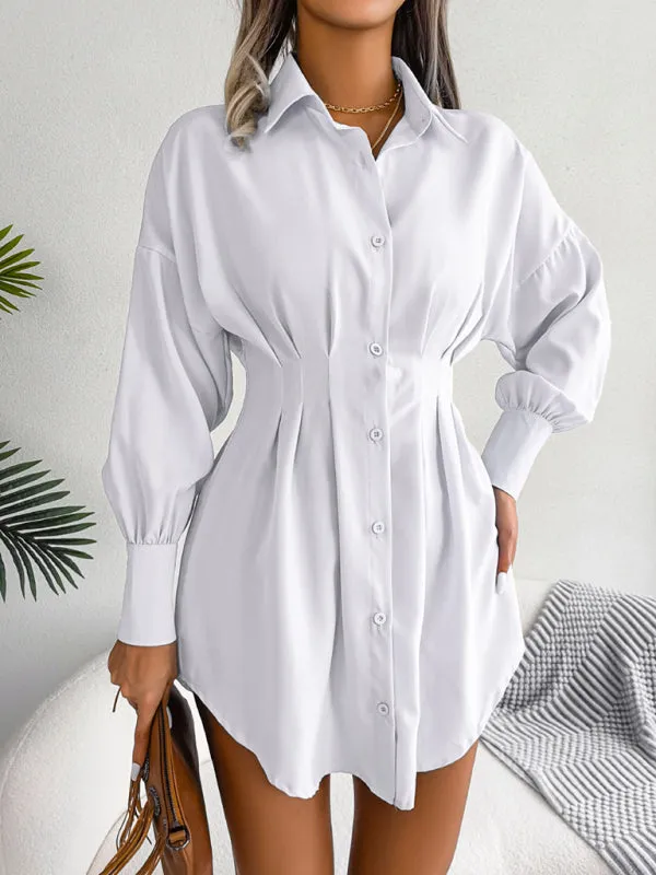 Lantern Sleeve Shirt Dress with Asymmetric Hem and Cinched Waist