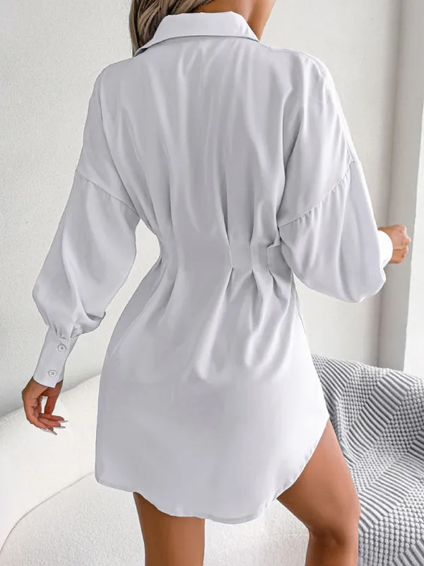Lantern Sleeve Shirt Dress with Asymmetric Hem and Cinched Waist