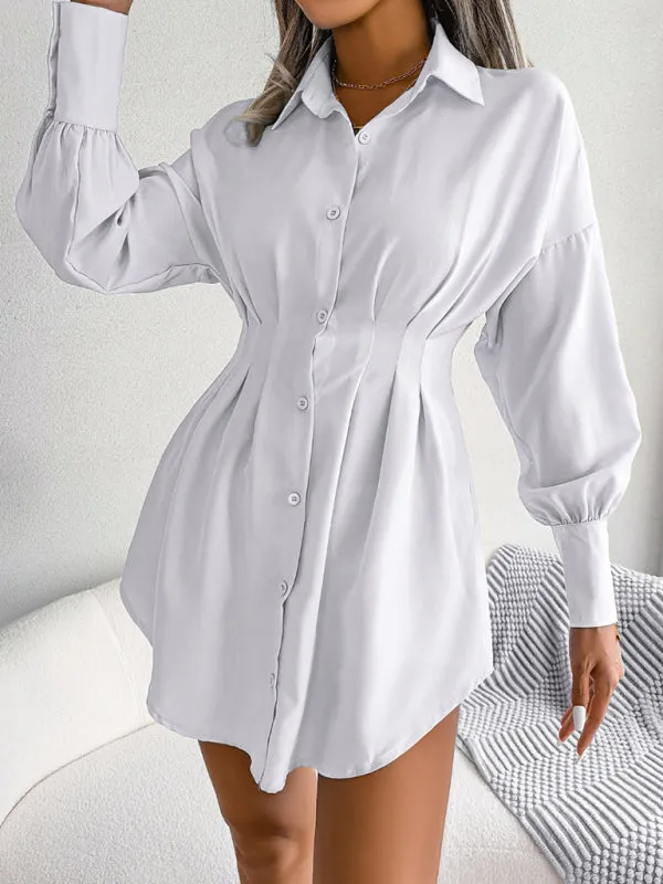 Lantern Sleeve Shirt Dress with Asymmetric Hem and Cinched Waist