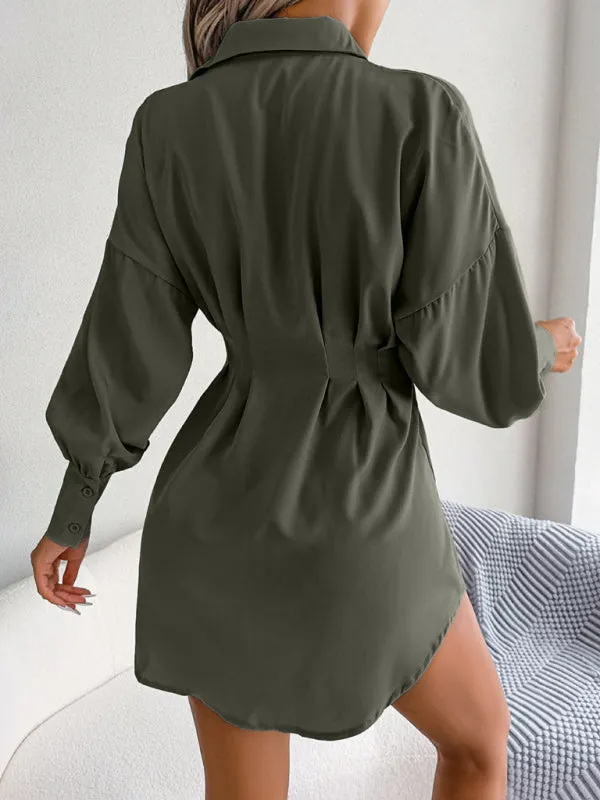 Lantern Sleeve Shirt Dress with Asymmetric Hem and Cinched Waist