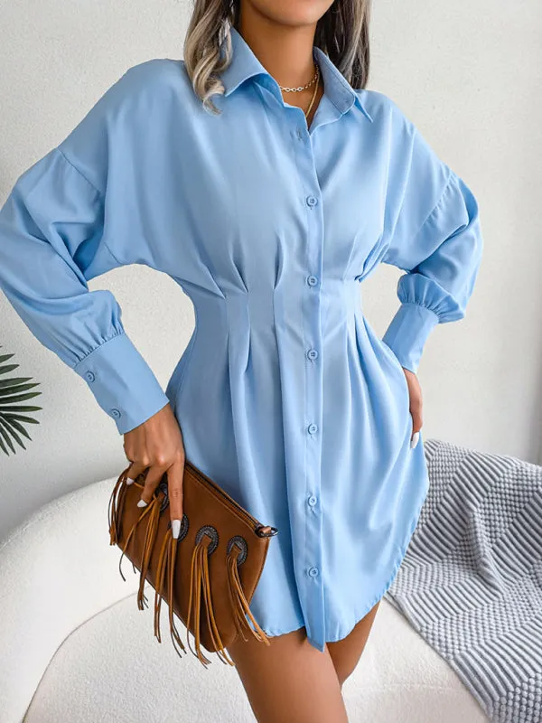 Lantern Sleeve Shirt Dress with Asymmetric Hem and Cinched Waist