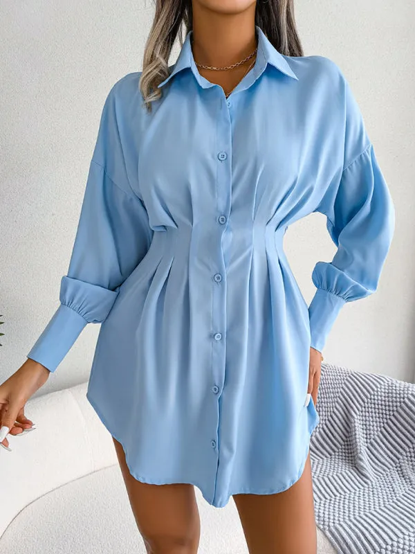 Lantern Sleeve Shirt Dress with Asymmetric Hem and Cinched Waist