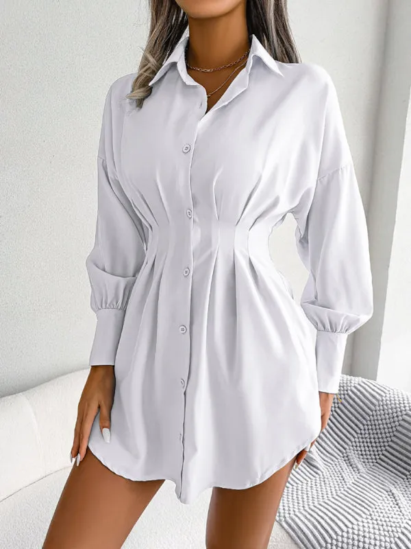 Lantern Sleeve Shirt Dress with Asymmetric Hem and Cinched Waist
