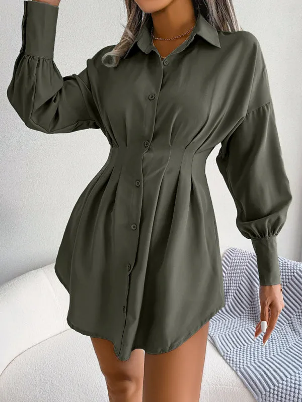 Lantern Sleeve Shirt Dress with Asymmetric Hem and Cinched Waist