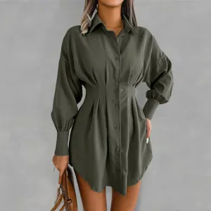 Lantern Sleeve Shirt Dress with Asymmetric Hem and Cinched Waist