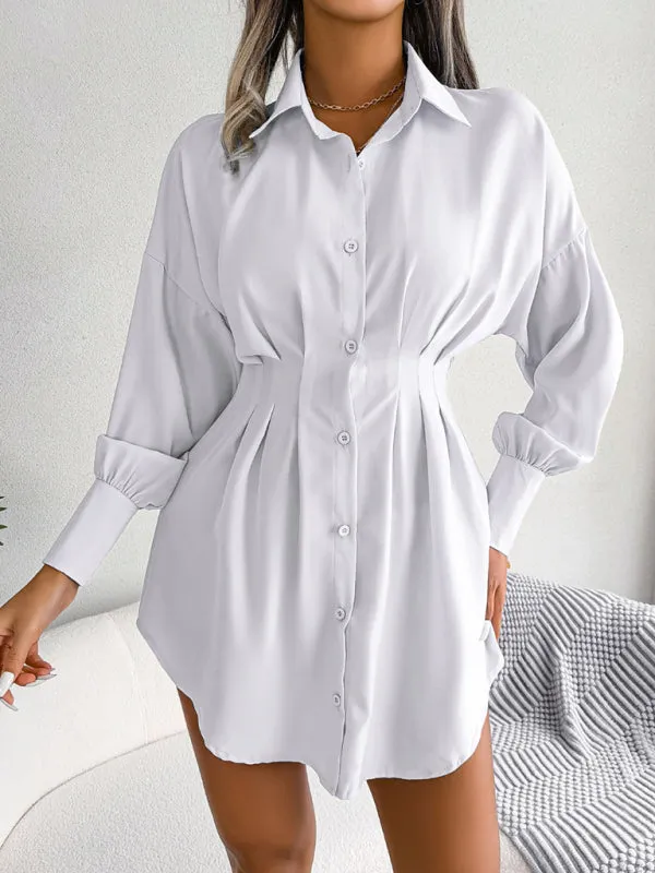 Lantern Sleeve Shirt Dress with Asymmetric Hem and Cinched Waist