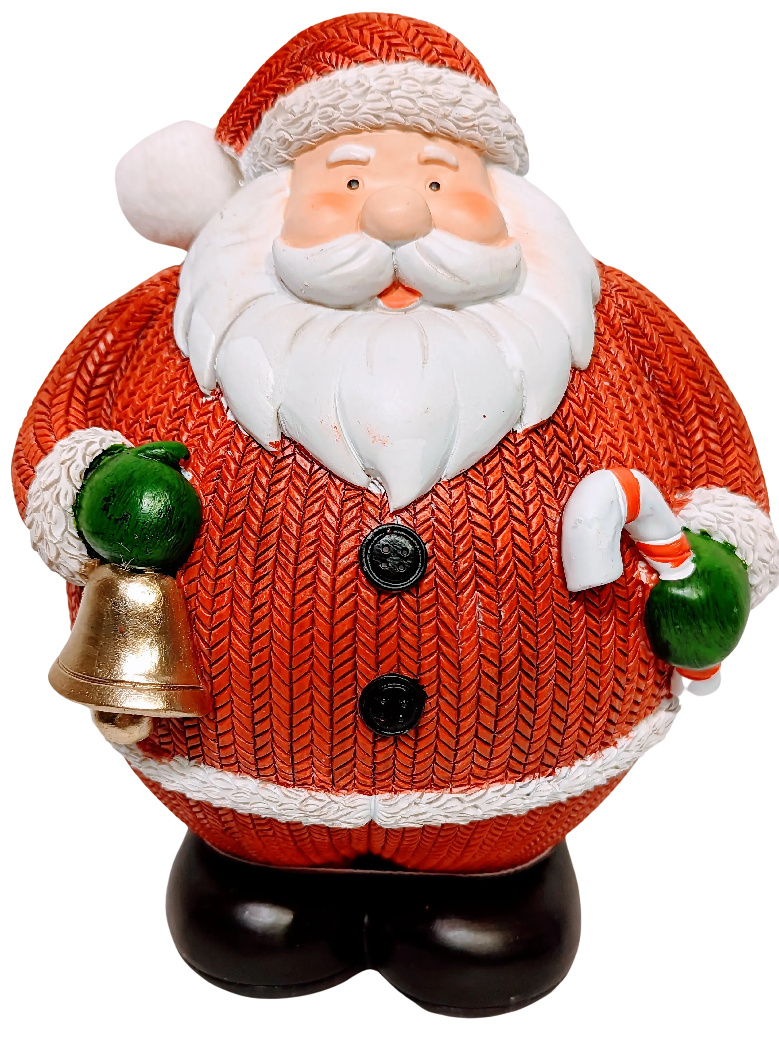 Large Santa Figurine Holding A Gold Bell & a Candy Cane