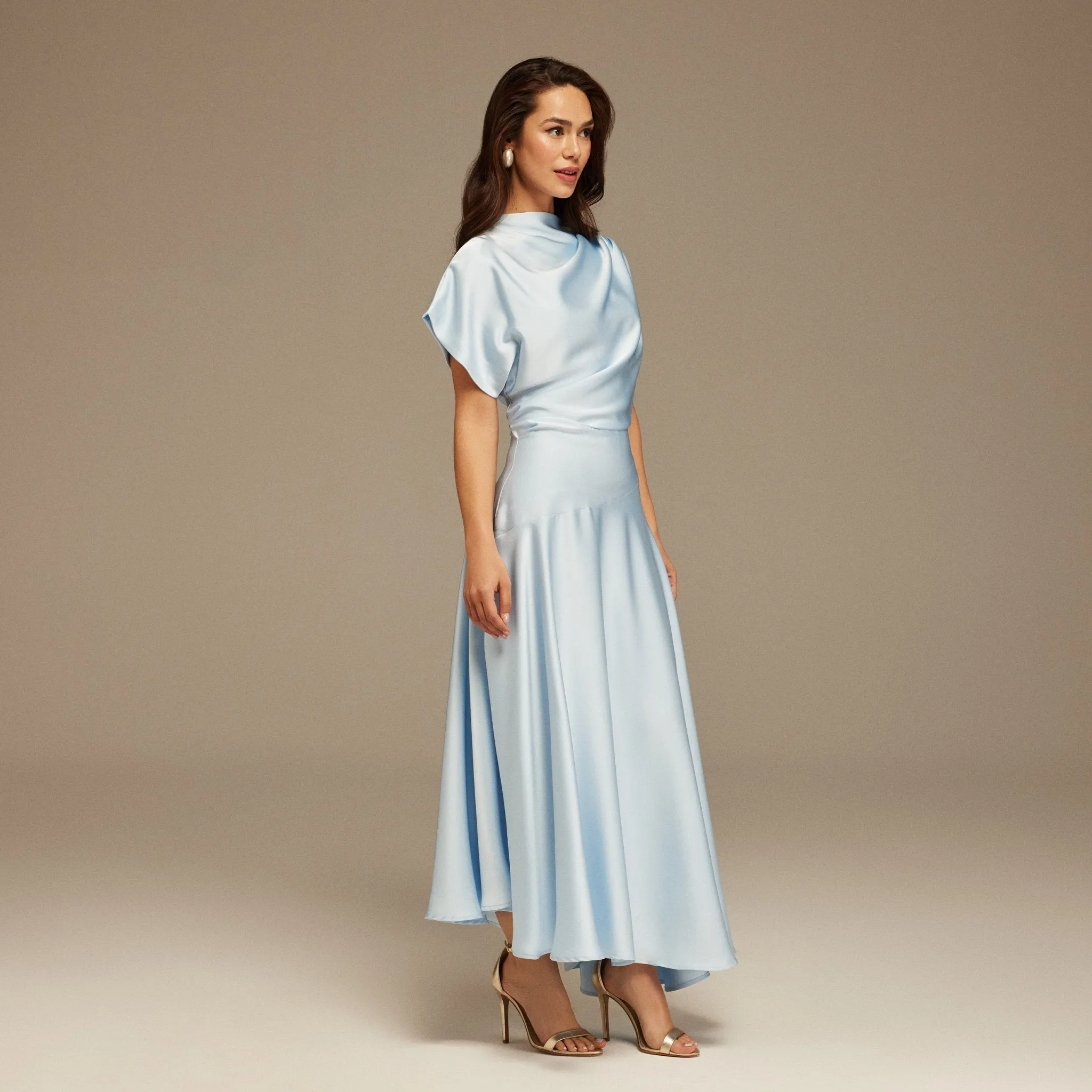 Light Blue Short Sleeve Asymmetric Satin Dress