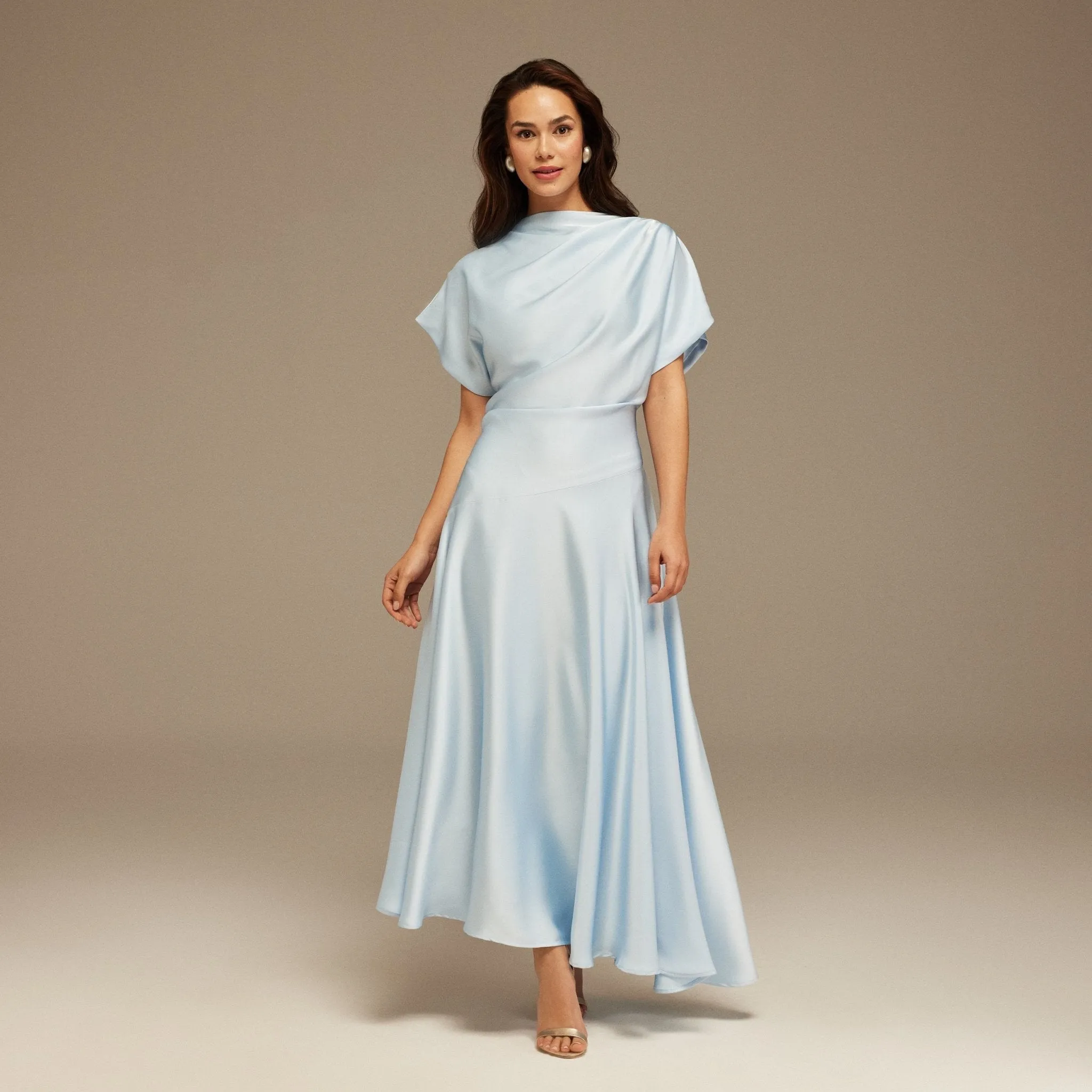 Light Blue Short Sleeve Asymmetric Satin Dress