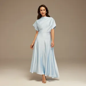 Light Blue Short Sleeve Asymmetric Satin Dress