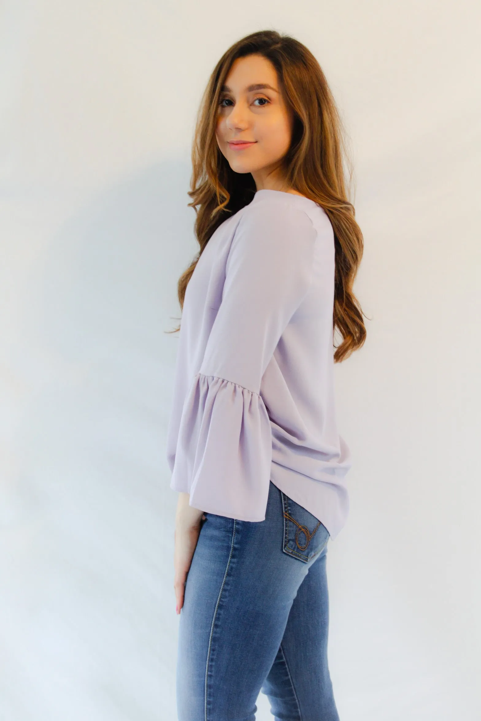 LILA FLOUNCE BELL SLEEVE SOFT LAVENDER BLOUSE