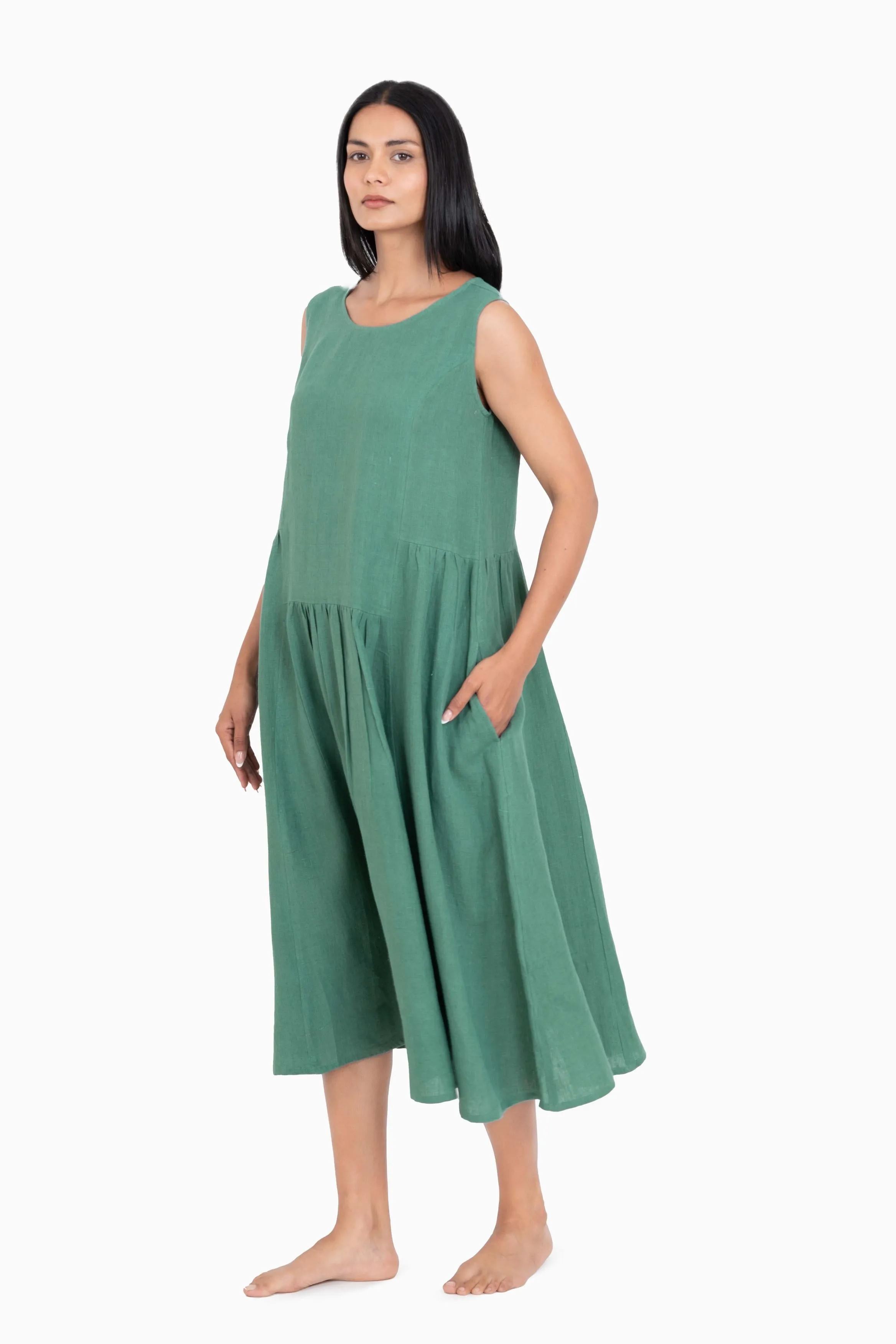 Linen Penelope Dress-Midnight Green