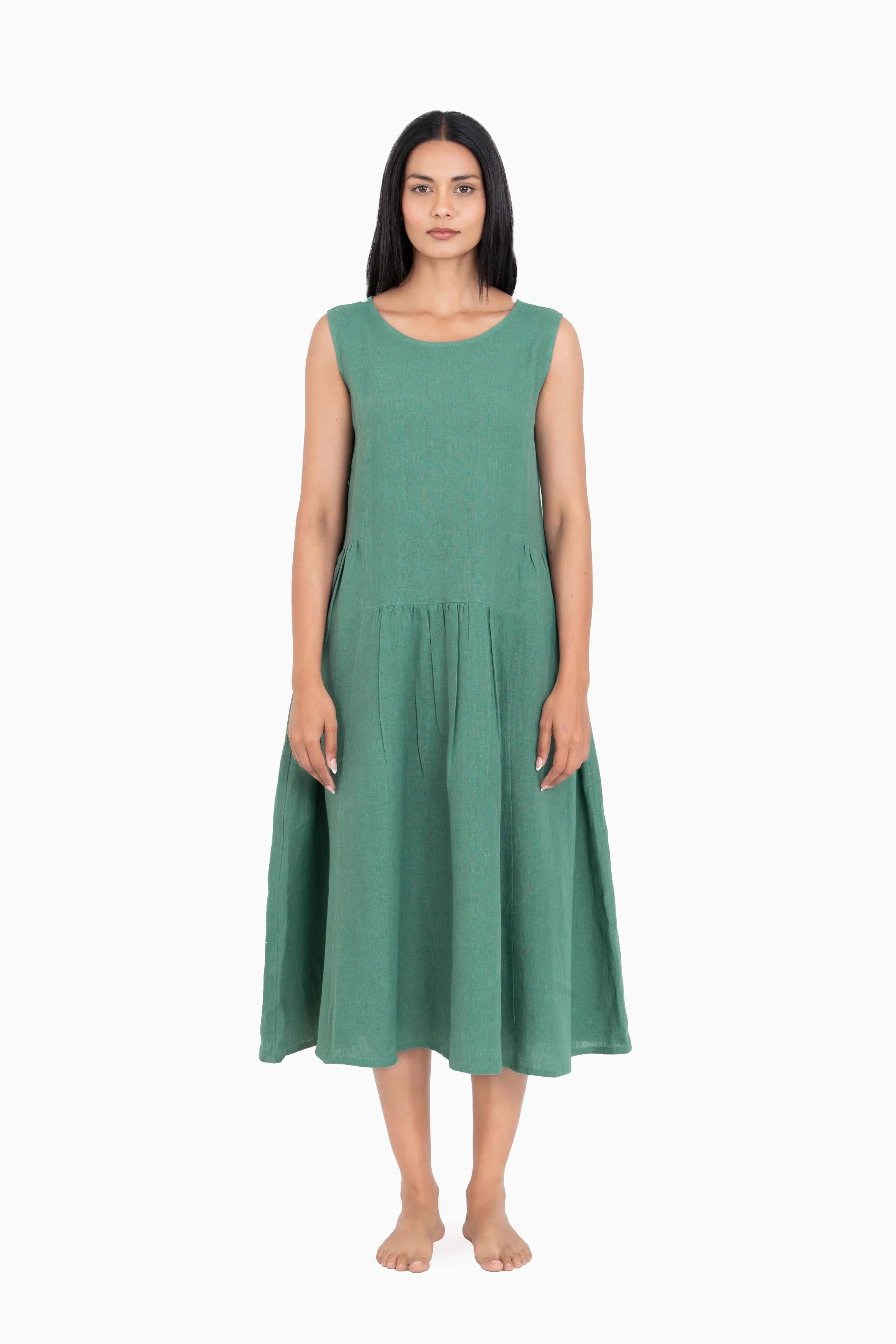 Linen Penelope Dress-Midnight Green
