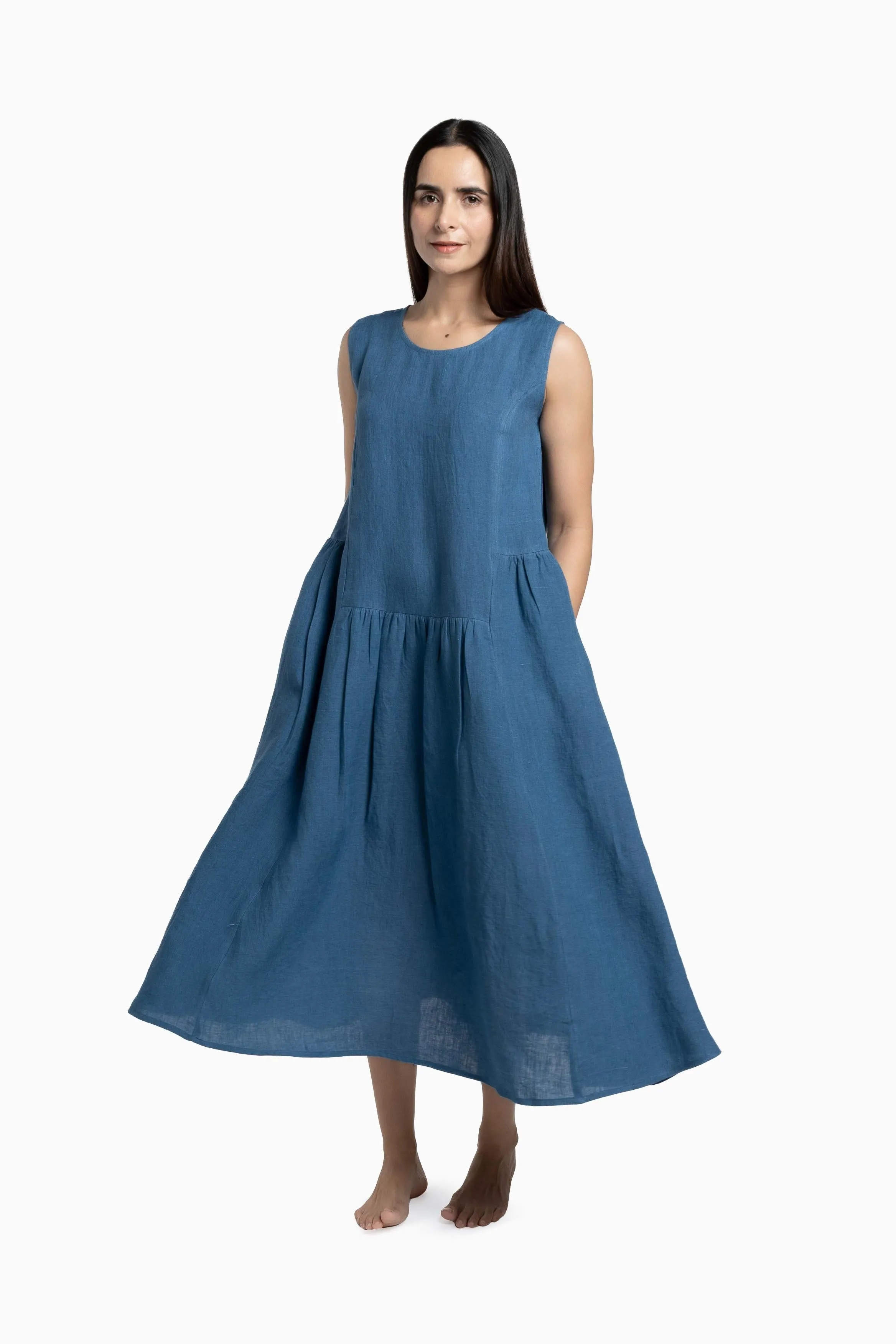 Linen Penelope Dress-Midnight Green