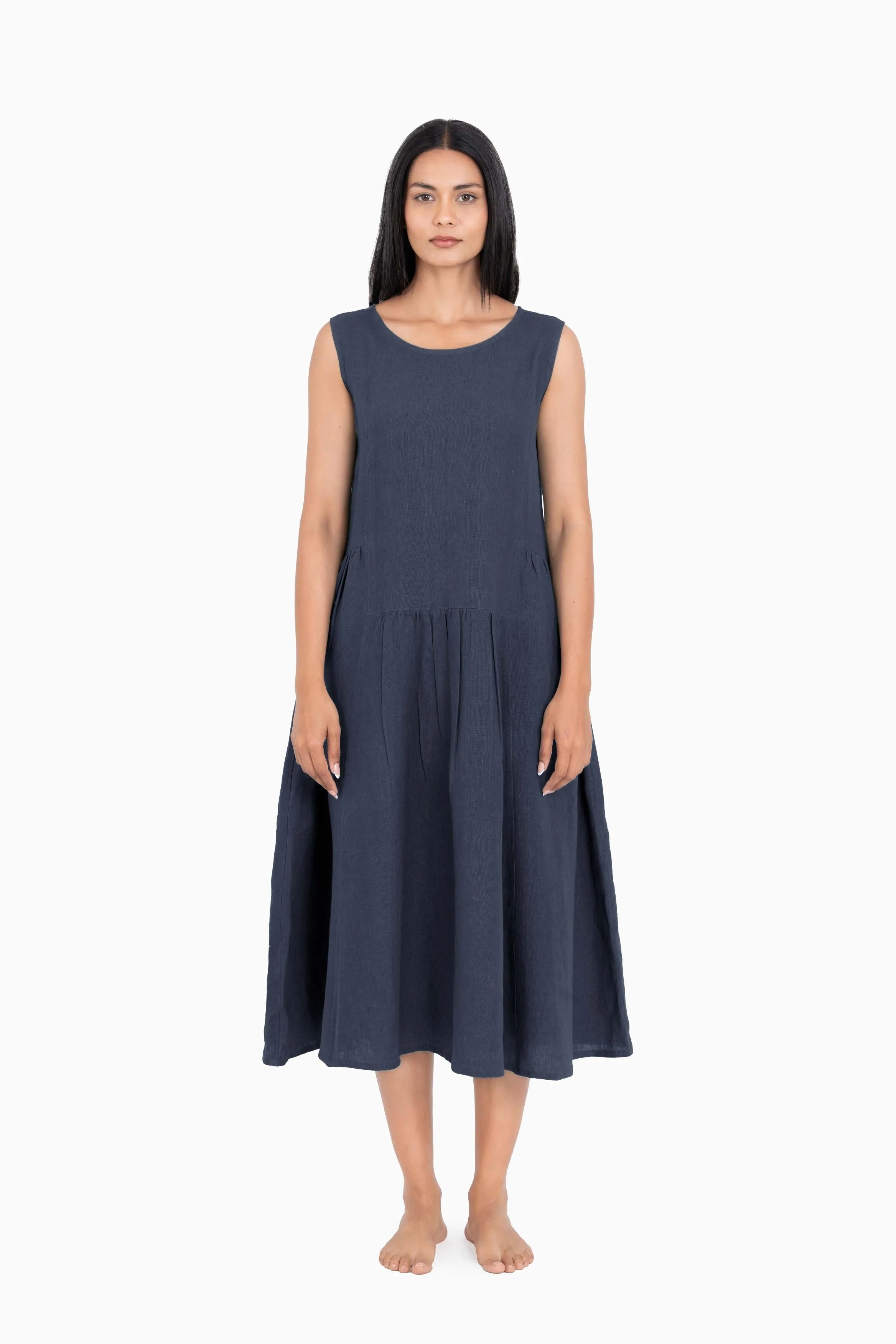 Linen Penelope Dress-Midnight Green