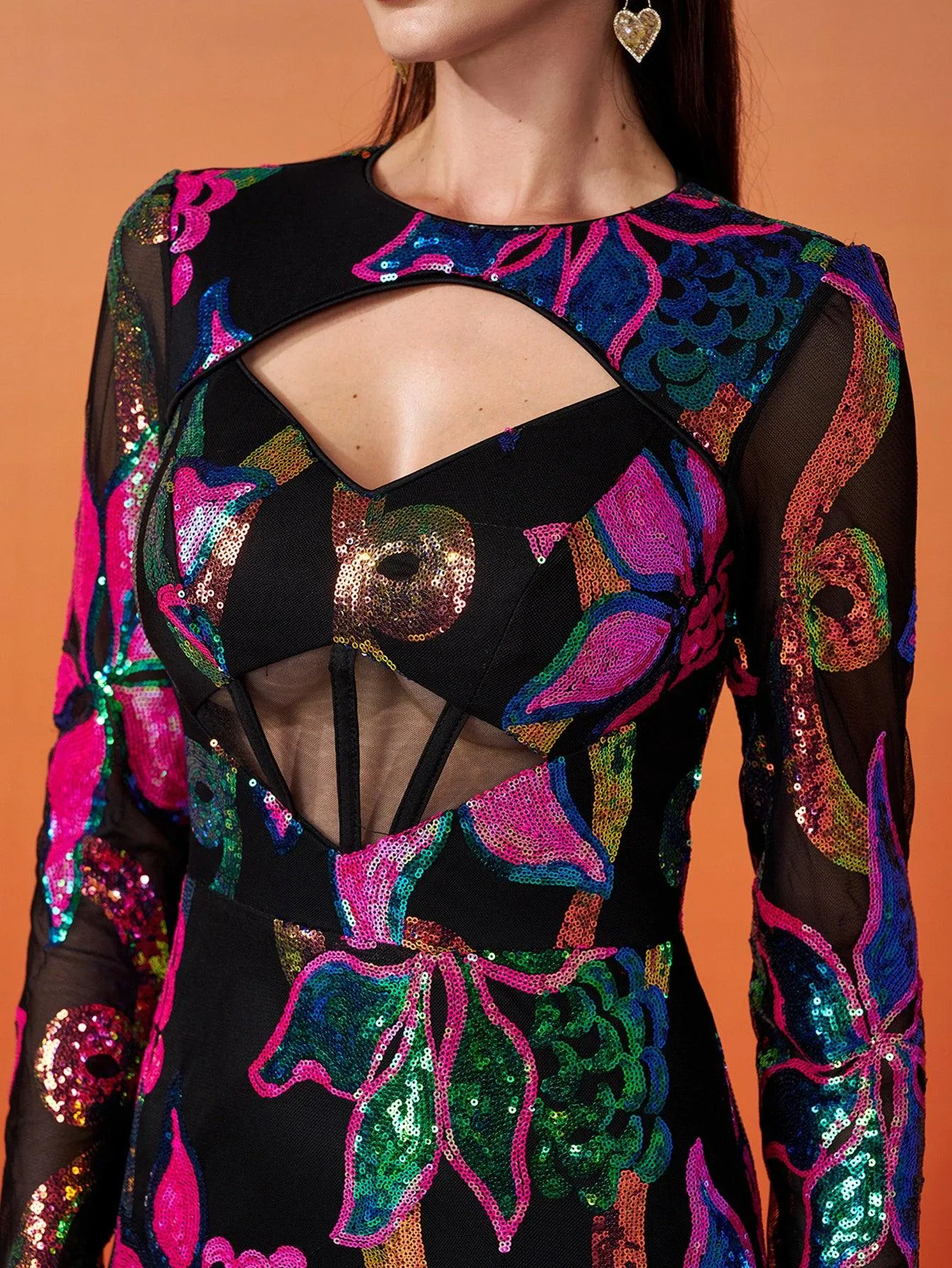 Long Sleeve Corset Cutout Floral Evening Dress DH80214