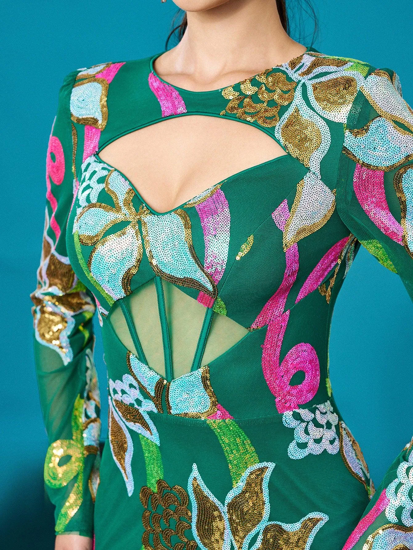 Long Sleeve Corset Cutout Floral Evening Dress DH80214