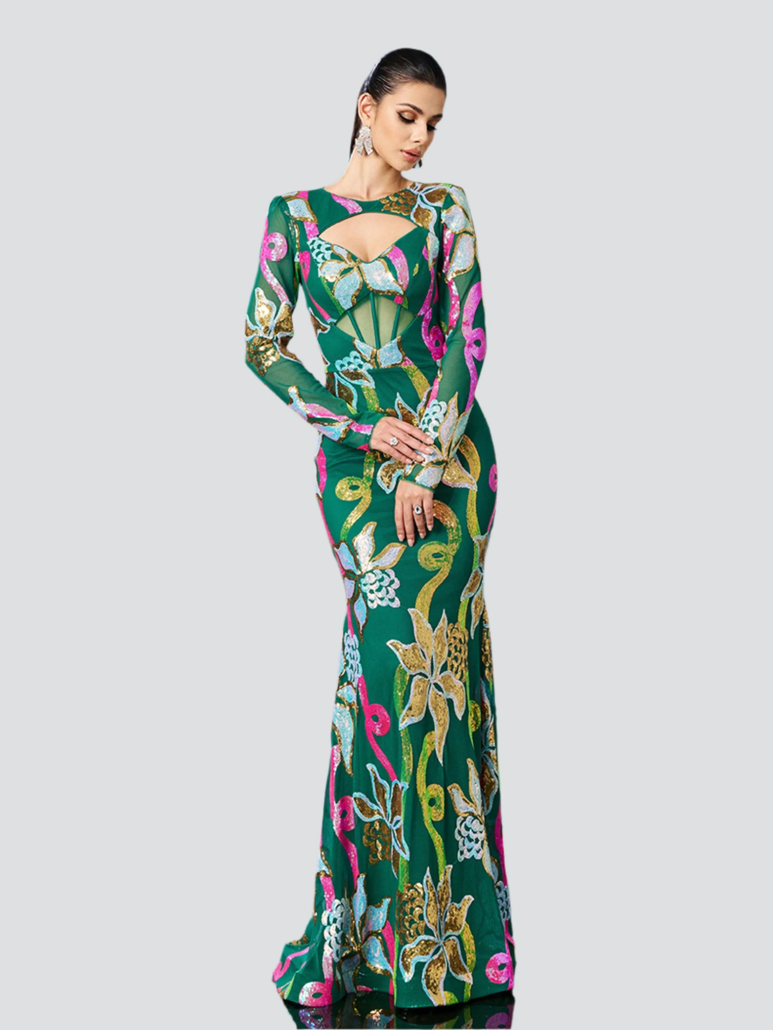 Long Sleeve Corset Cutout Floral Evening Dress DH80214