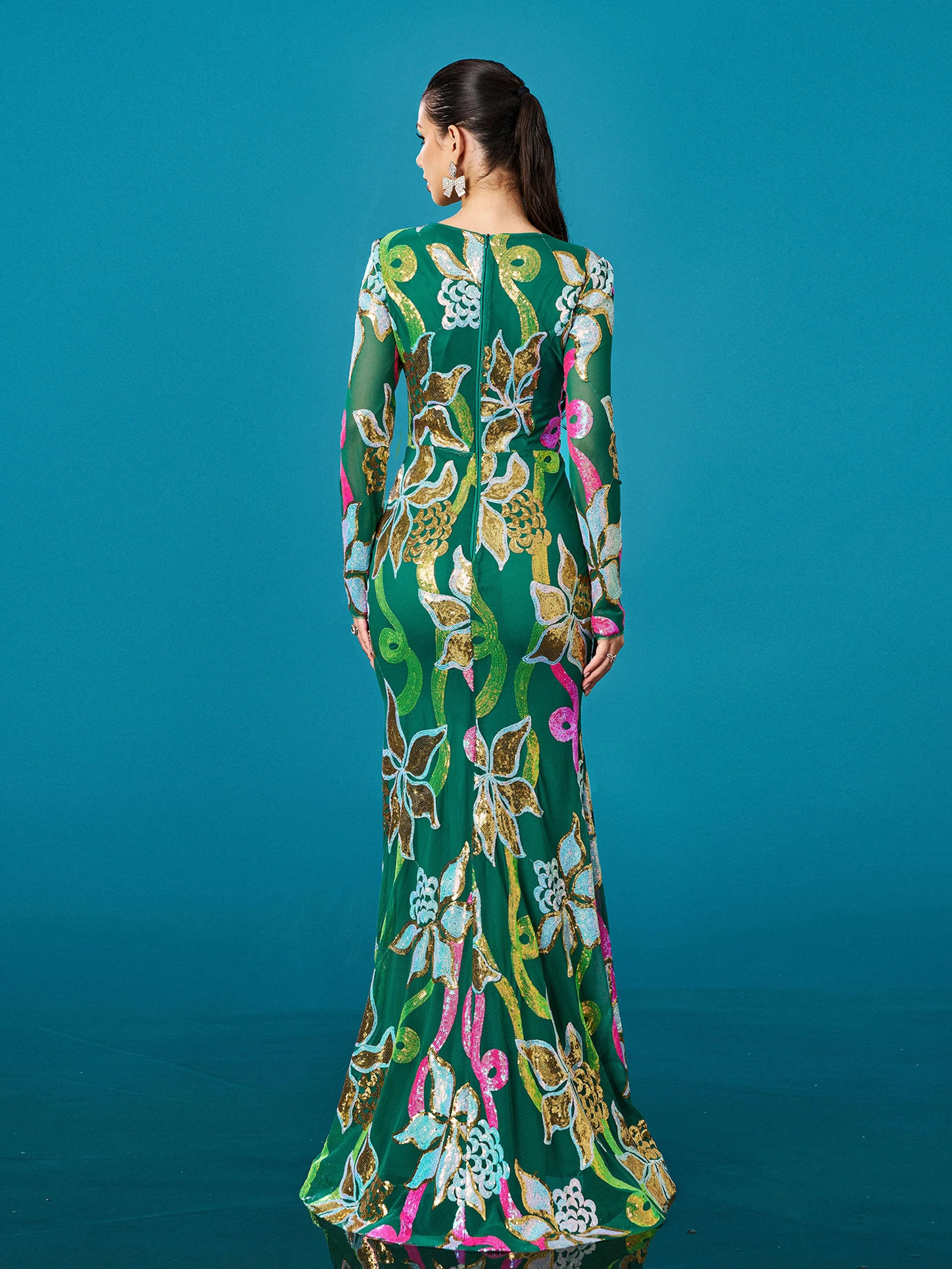 Long Sleeve Corset Cutout Floral Evening Dress DH80214