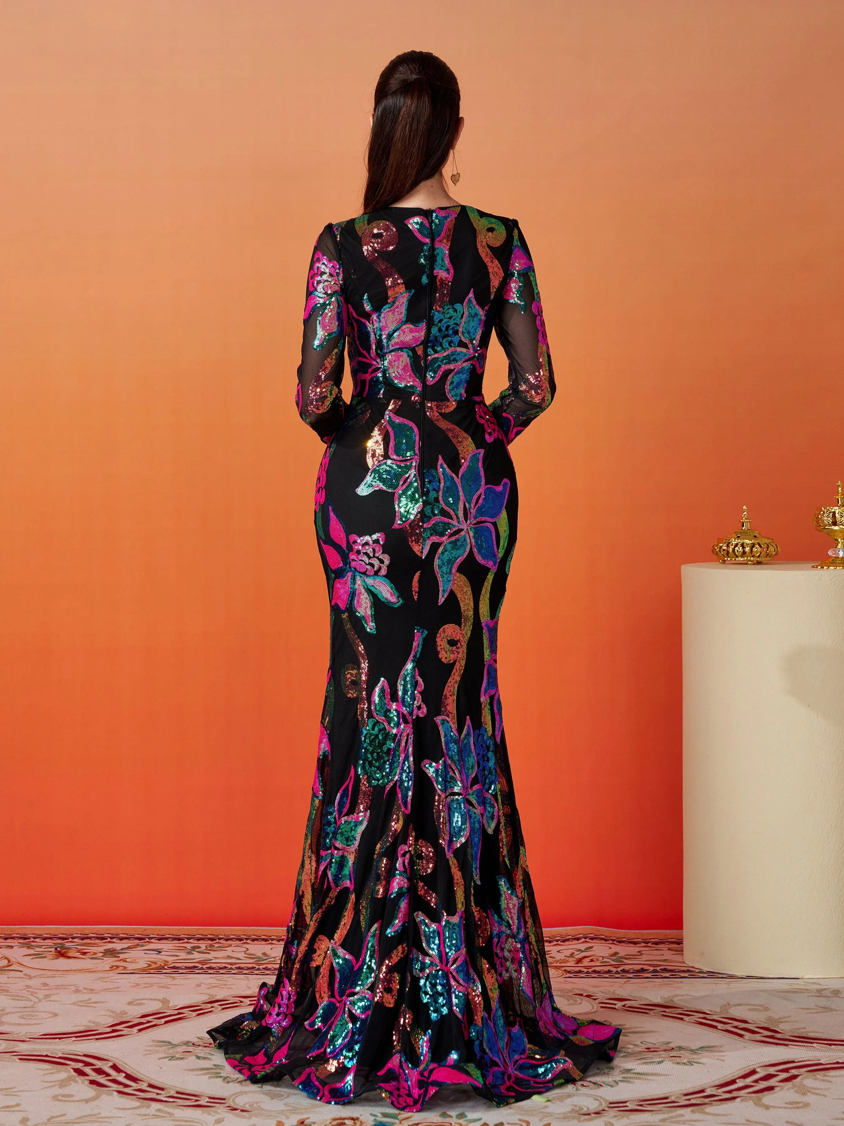 Long Sleeve Corset Cutout Floral Evening Dress DH80214