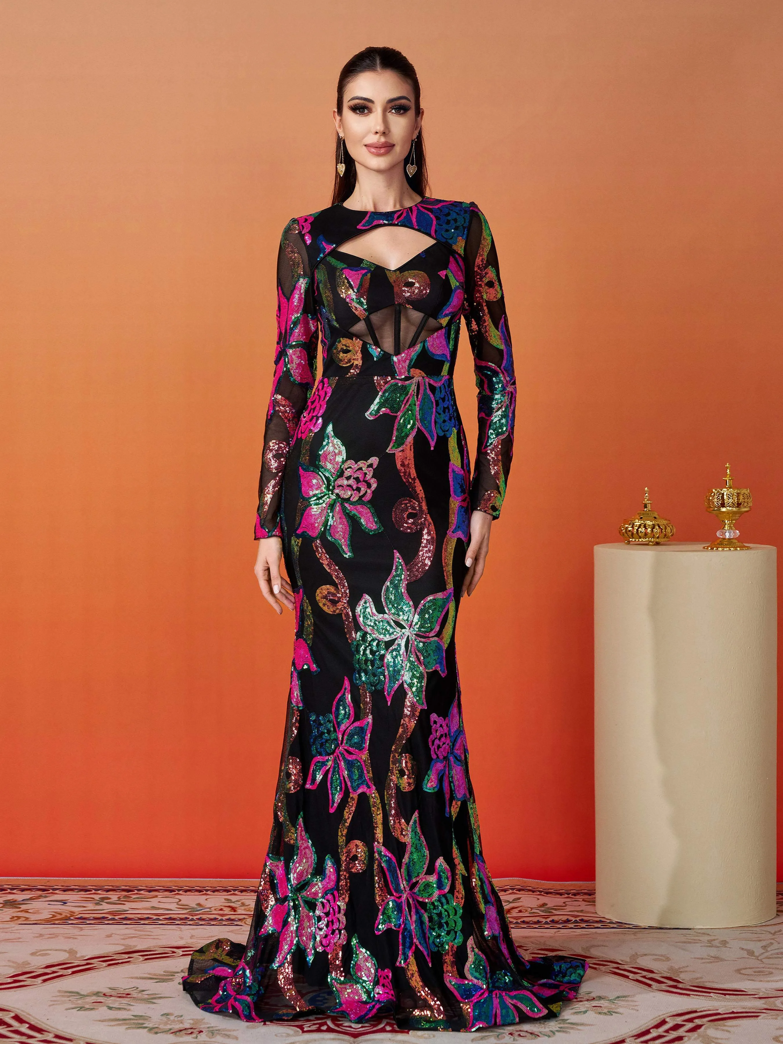 Long Sleeve Corset Cutout Floral Evening Dress DH80214