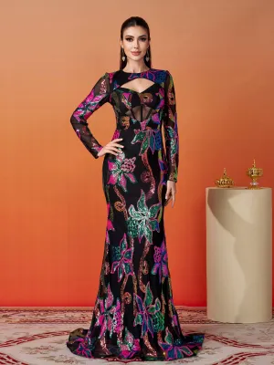 Long Sleeve Corset Cutout Floral Evening Dress DH80214